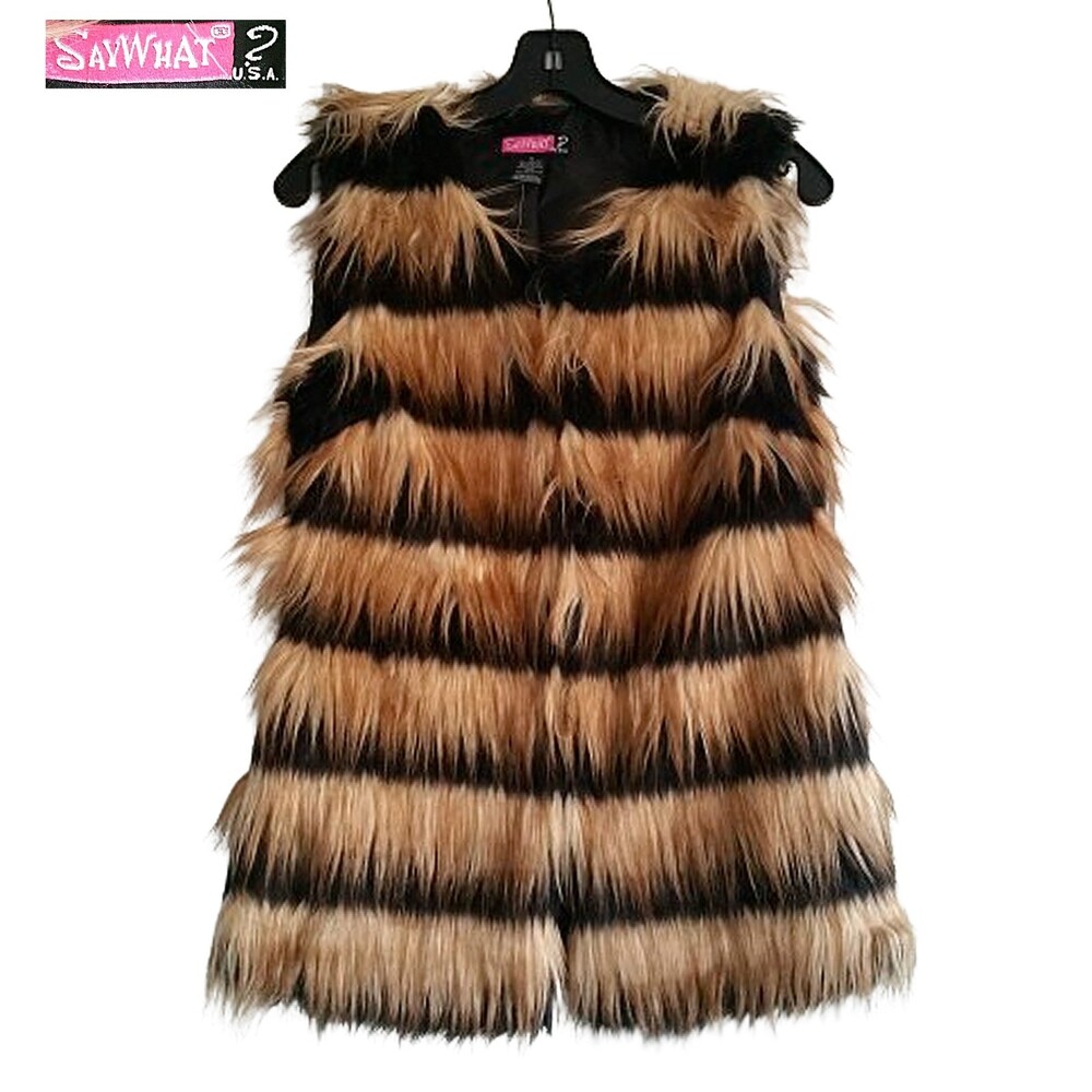 SAY WHAT? NEW Striped Faux Fur Open Front Vest M (Fits S)
